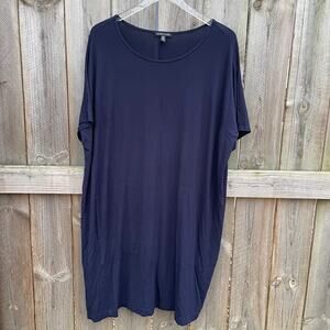 Eileen Fisher Dress Viscose Jersey Cap-Sleeve Boxy Fit Tunic Blue Large Classic